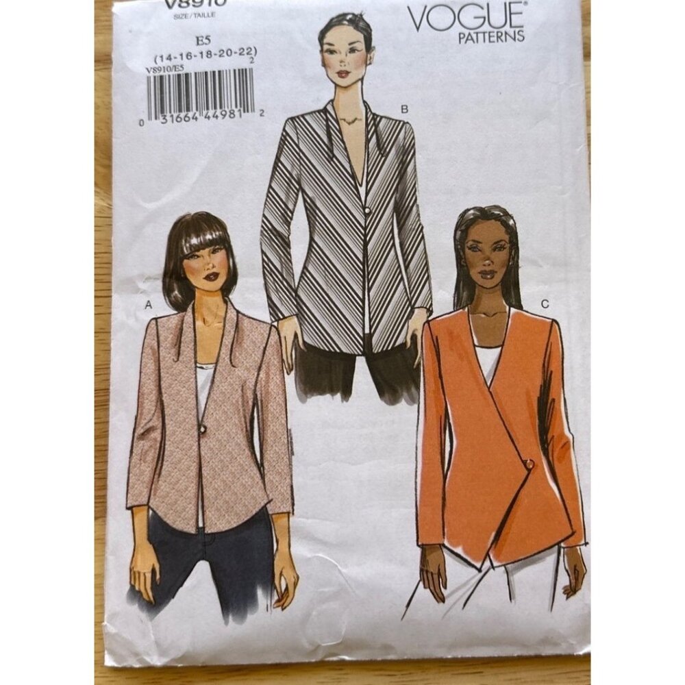 Vogue #V8910 Women's  Semi-Fitted Lined Jackets Sewing Pattern - Size 14-22
